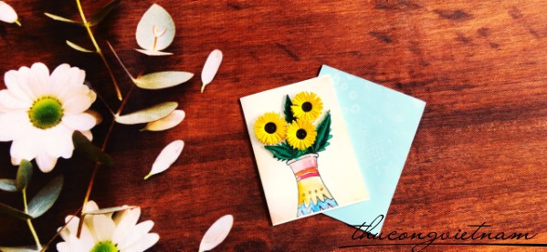 Thiệp quilling nhỏ lọ hoa hướng dương