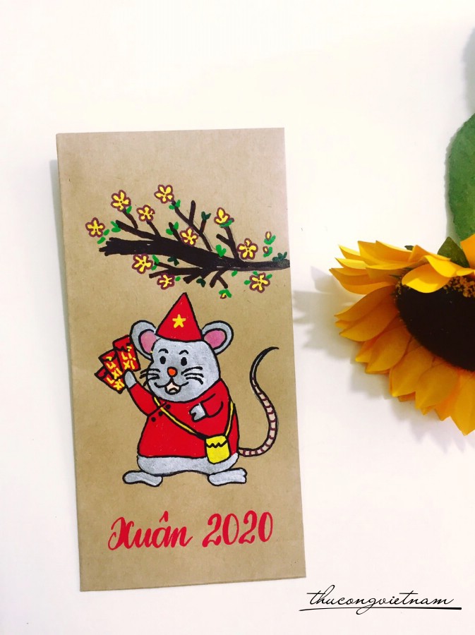Bao lì xì vẽ tay Canh Tý mẫu 1