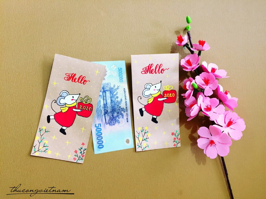 Bao lì xì vẽ tay Canh Tý mẫu 8