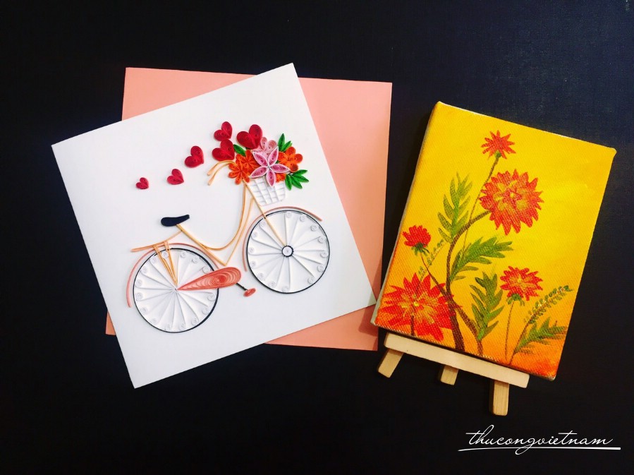 Thiệp quilling xe đạp giỏ hoa