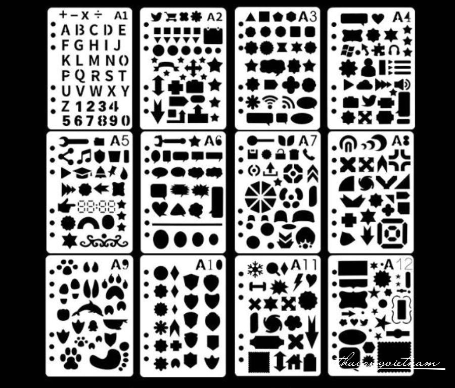 Khuôn vẽ Stencil Plastic Set 12 mẫu (01-12) - size 14.7x21cm