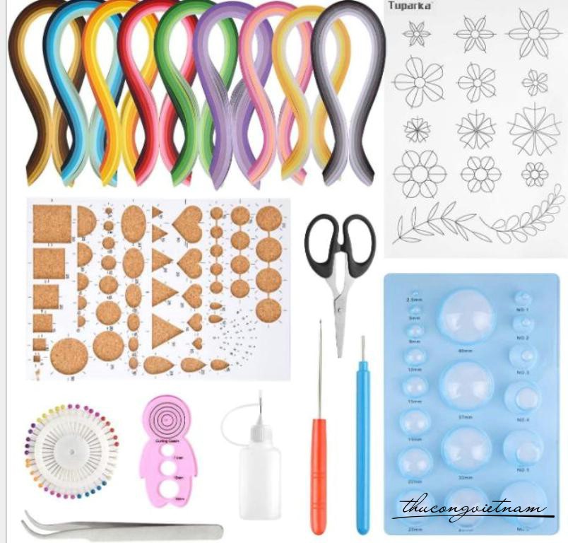 Bộ nguyên liệu dụng cụ làm Quilling 10 món + 9 xấp giấy quilling