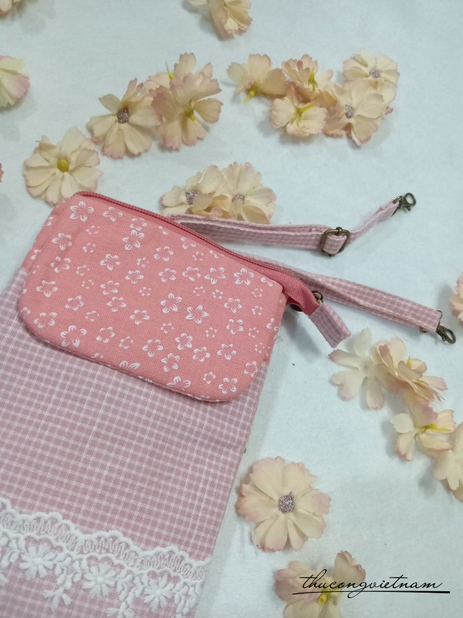Túi vải vintage dây đeo 14x20cm - Hồng phấn