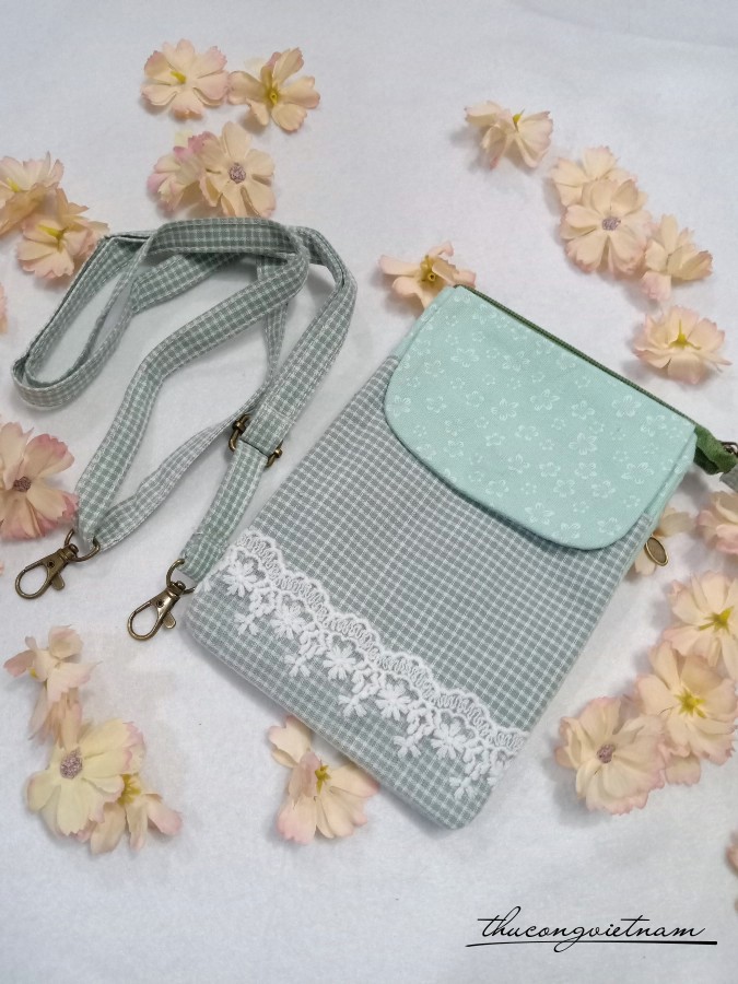 Túi vải vintage dây đeo 14x20cm - Xanh lục