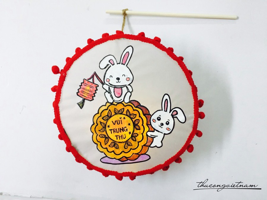 Lồng đèn tre tròn đã trang trí - Hai chú thỏ vui trung thu (20cm)