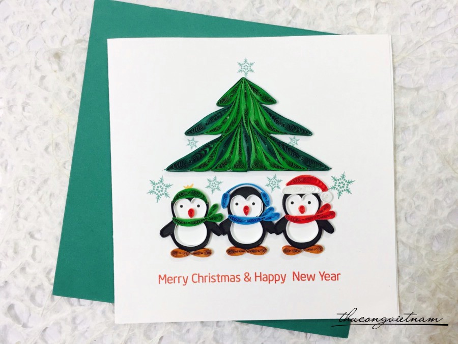 Thiệp quilling Giáng Sinh - 3 chú chim cánh cụt