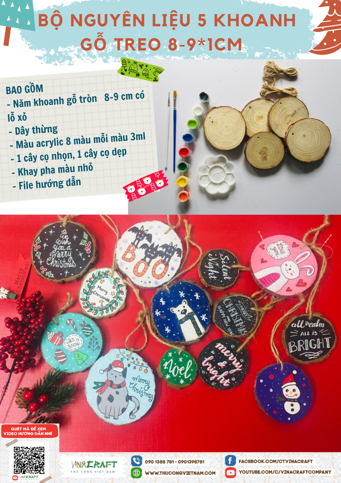 BỘ NGUYÊN LIỆU 5 KHOANH GỖ TREO 8-9*1CM
