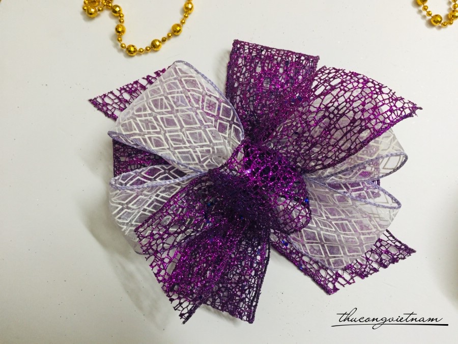 Nơ Ruybang làm sẵn 20cm-kim tuyến tím 