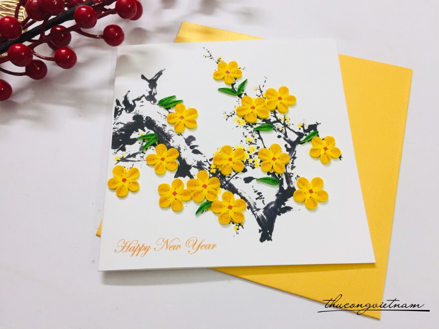 Thiệp năm mới quilling hoa mai vàng mẫu 1