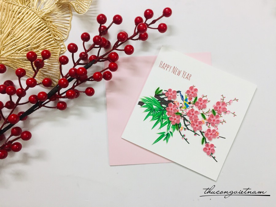 Thiệp năm mới quilling hoa mai đào