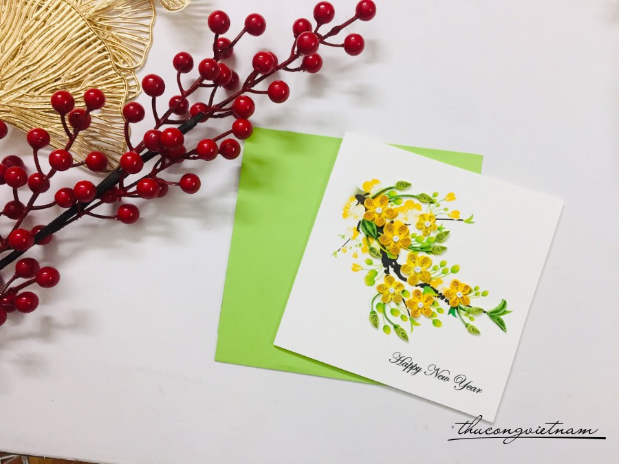Thiệp năm mới quilling hoa mai vàng mẫu 2