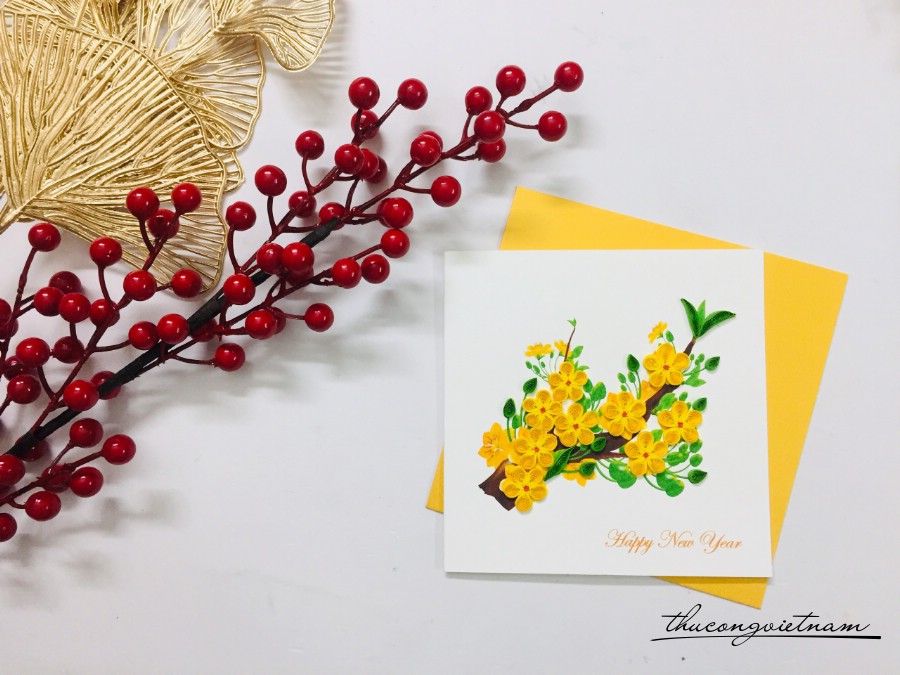 Thiệp năm mới quilling hoa mai vàng mẫu 3