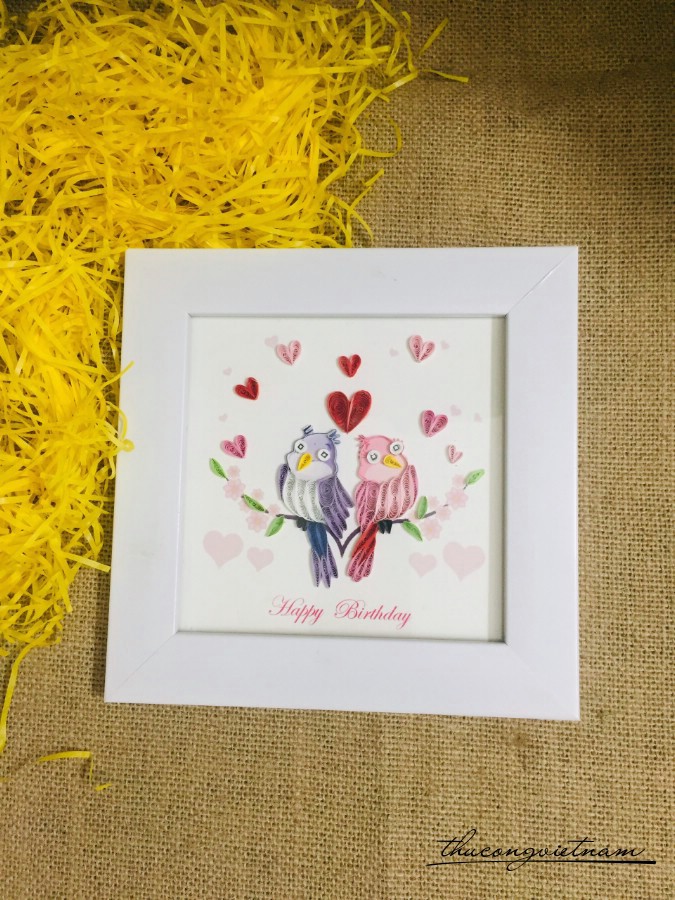 Tranh quilling Happy Birthday đôi chim 15*15cm