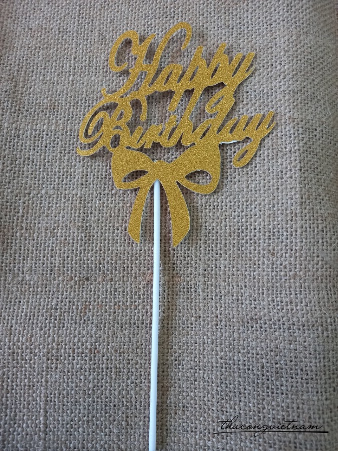 Cây cắm kim tuyến chữ Happy Birthday màu vàng