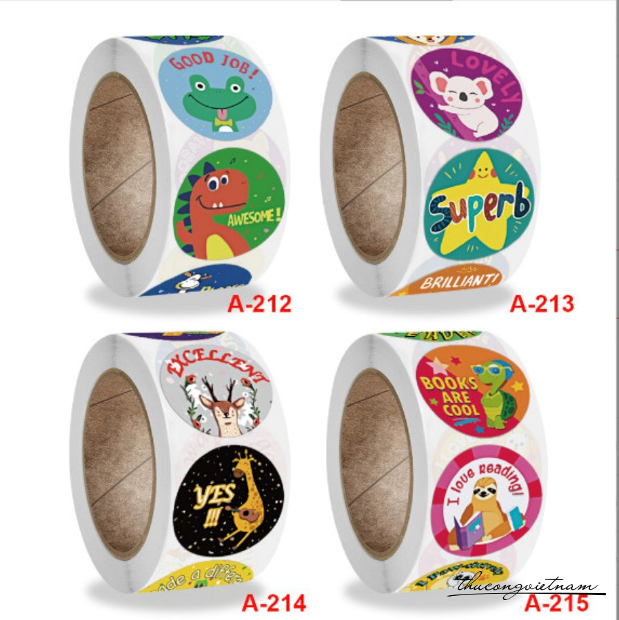 Combo 4 cuộn Sticker khen thưởng , động lực, note (500 tem) 