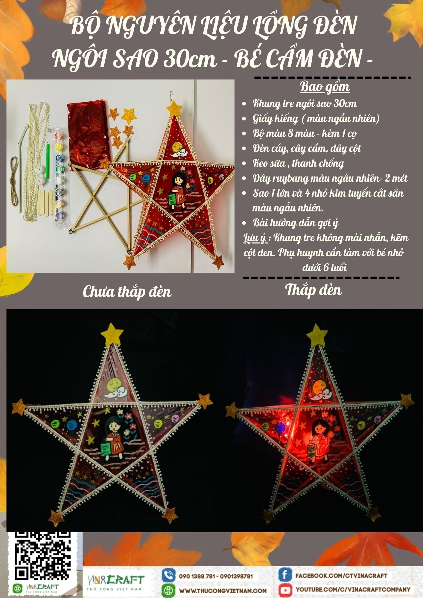 Bộ kit lồng đèn giấy kiếng ngôi sao 30cm - Bé cầm đèn