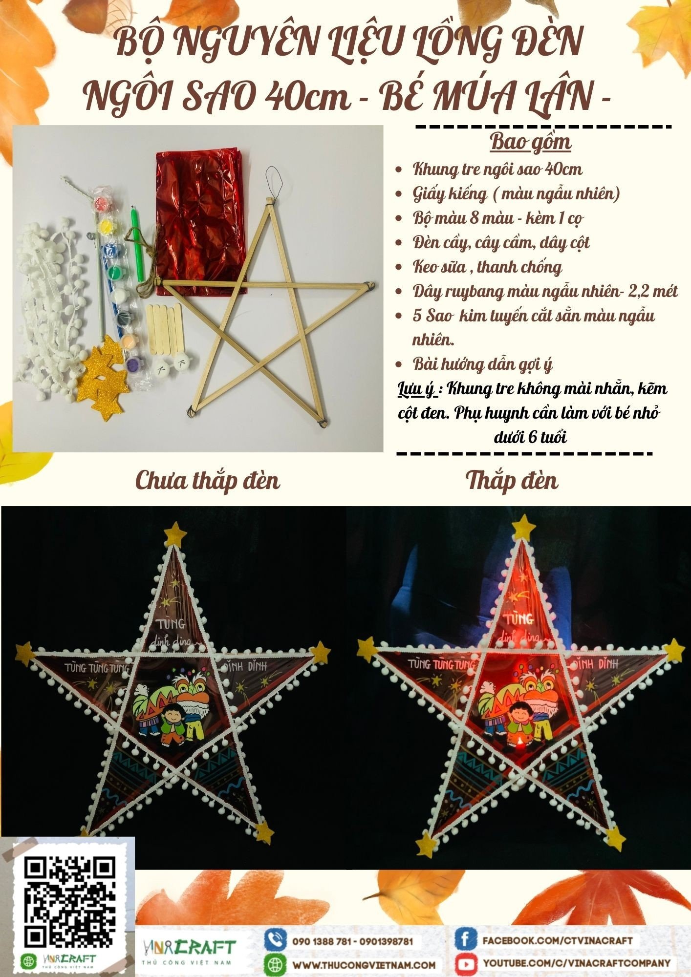 Bộ kit lồng đèn giấy kiếng ngôi sao 40cm - Bé múa lân
