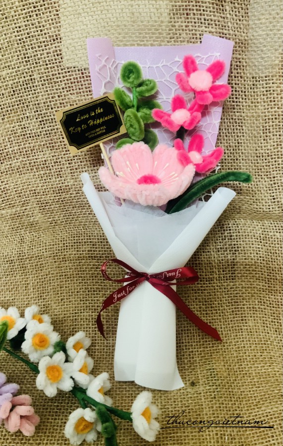 Bó hoa kẽm nhung handmade 15*30cm tông hồng