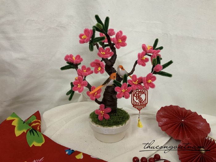 Chậu Bonsai kẽm nhung trang trí Tết tông hồng