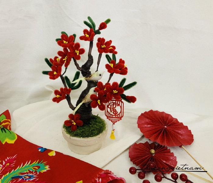 Chậu Bonsai kẽm nhung trang trí Tết tông đỏ
