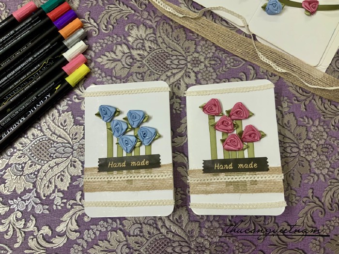 Thiệp hoa hồng vải Handmade 10x15cm màu trắng