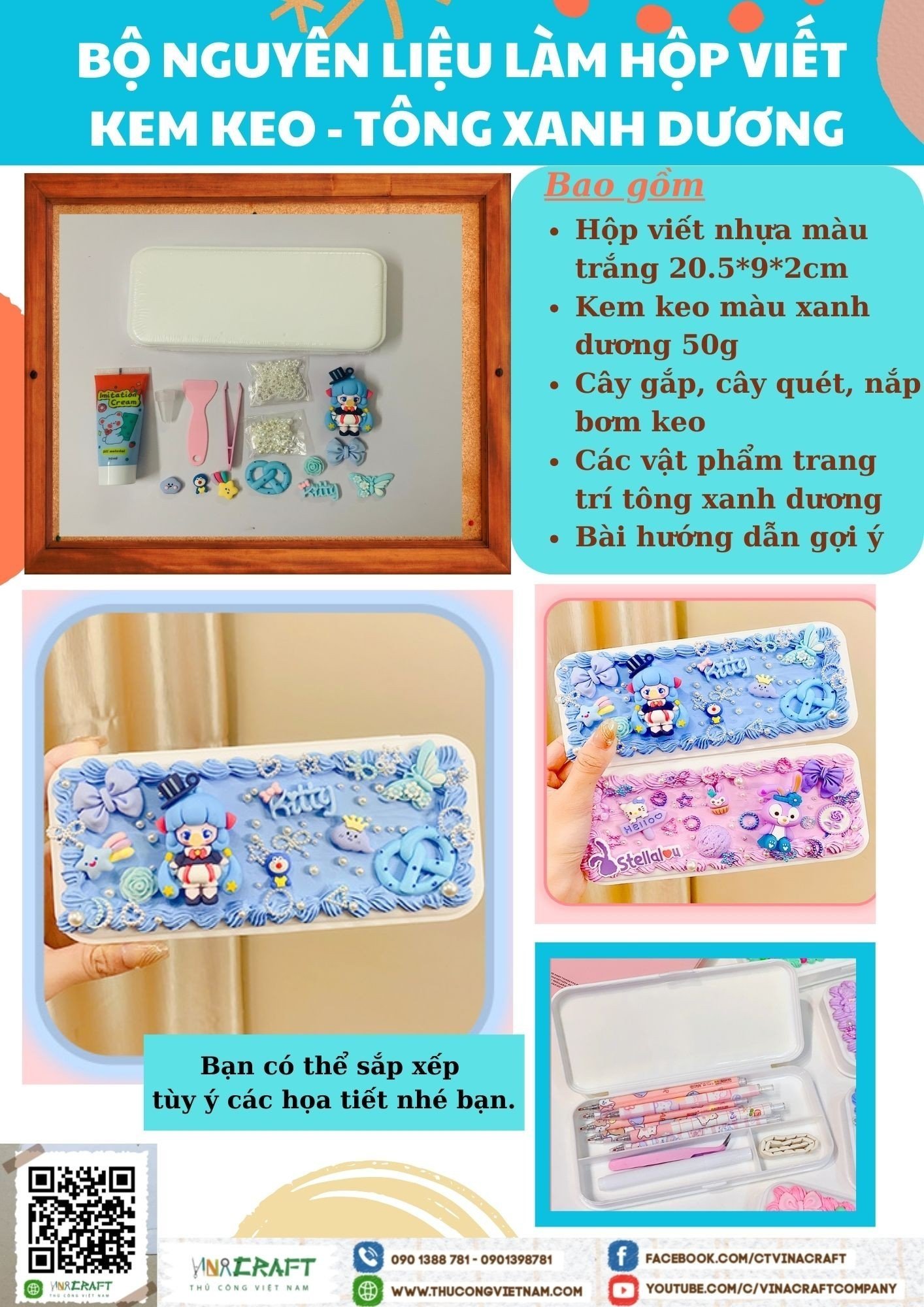 Bộ nguyên liệu làm hộp viết kem keo - Tông xanh dương