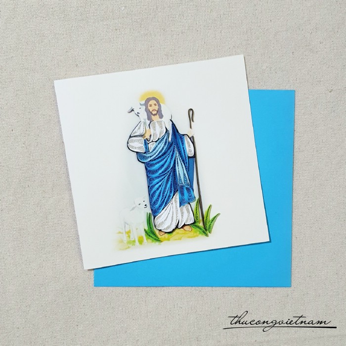 Thiệp quilling Thiên Chúa áo xanh 15x15cm 