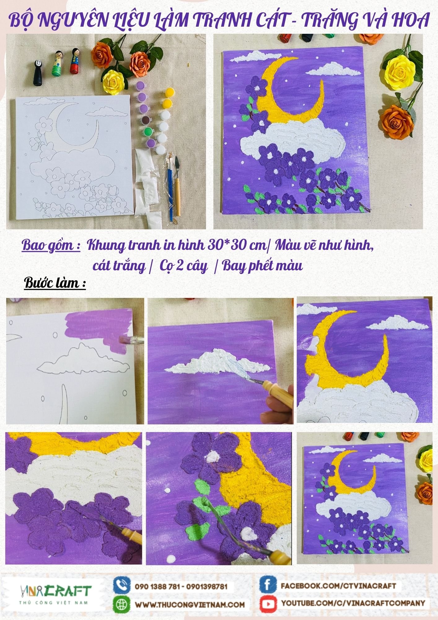 Bộ nguyên liệu làm tranh cát - Trăng và hoa (30x30cm)