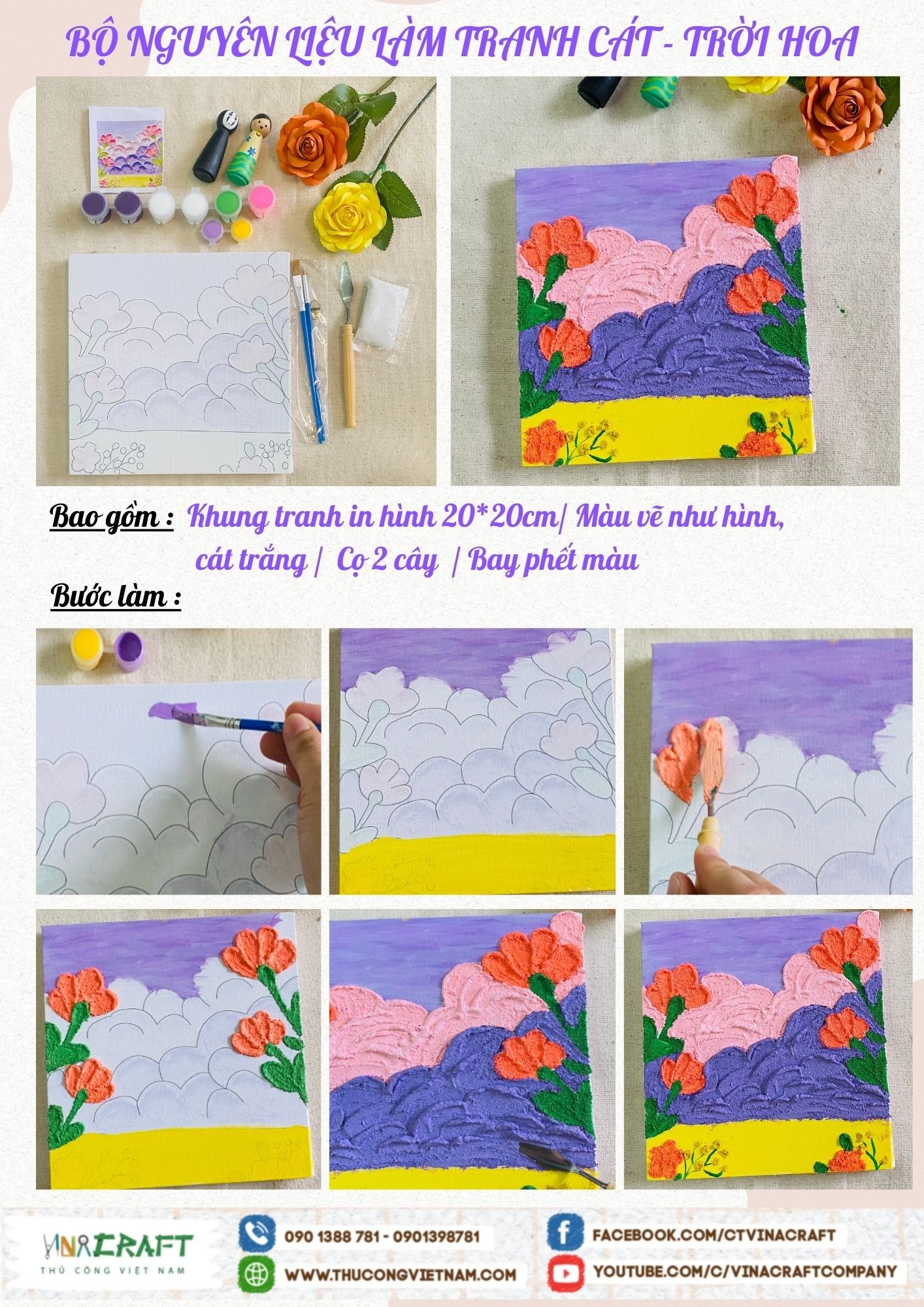 Bộ nguyên liệu làm tranh cát - Trời hoa (20x20cm)