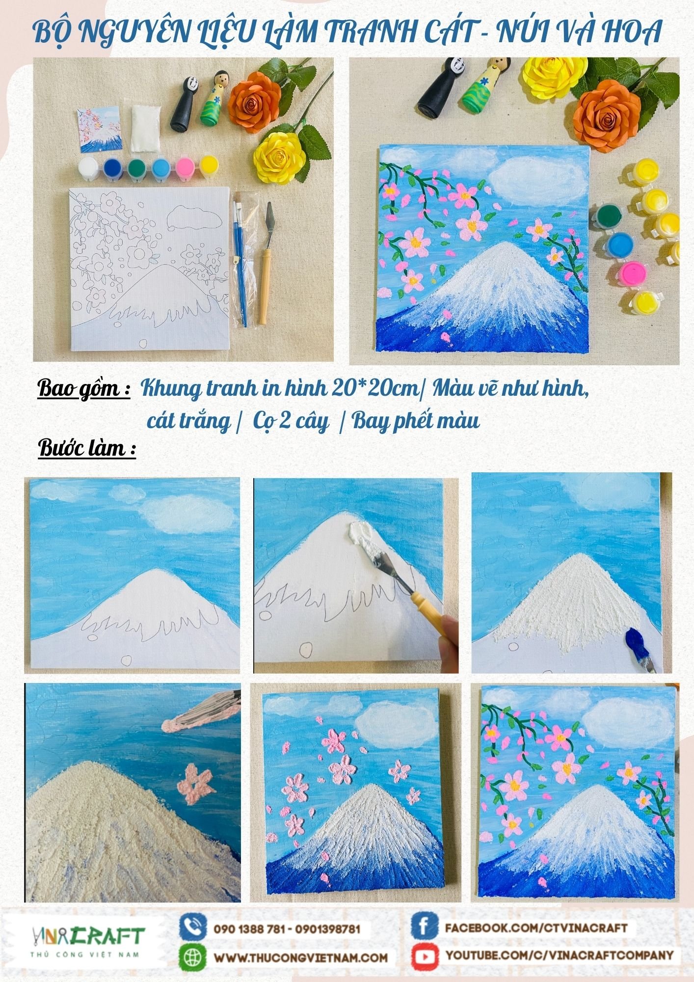 Bộ nguyên liệu làm tranh cát - Núi và Hoa (20x20cm)