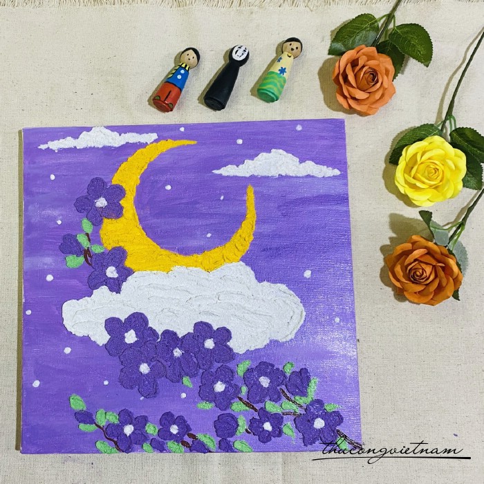 Khung tranh cát đã trang trí - Trăng và Hoa (30x30cm)