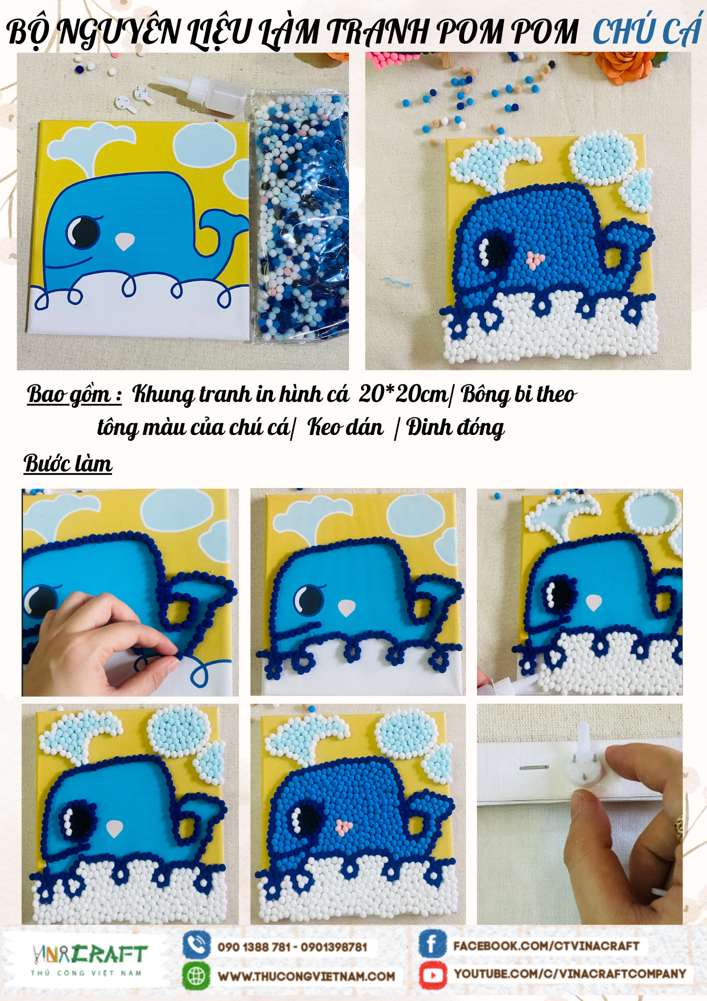 Bộ nguyên liệu làm tranh pompom chú cá (20x20cm)