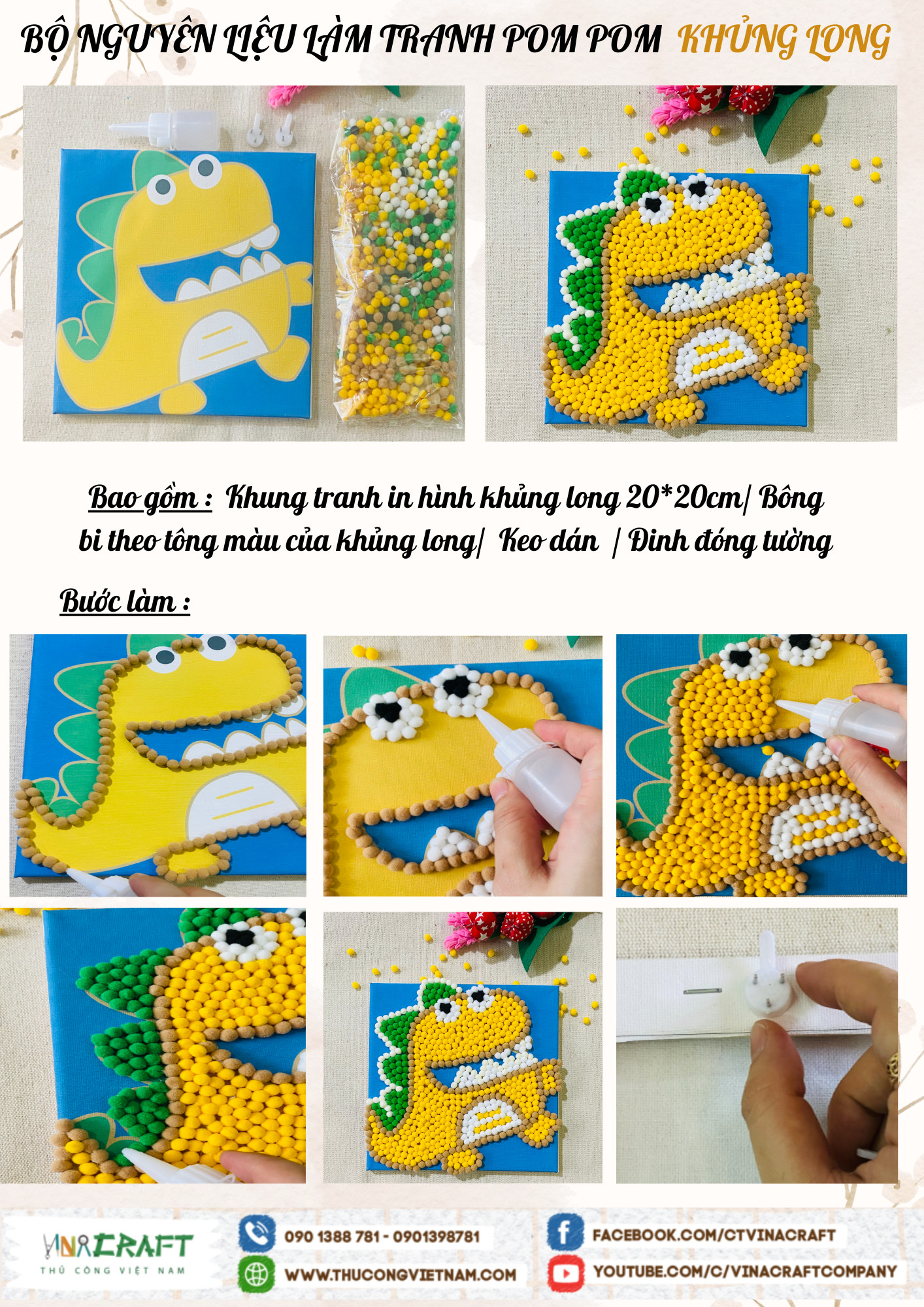 Bộ nguyên liệu làm tranh pompom khủng long (20x20cm)