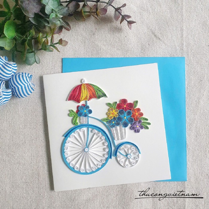 Thiệp quilling Xe đạp và ô