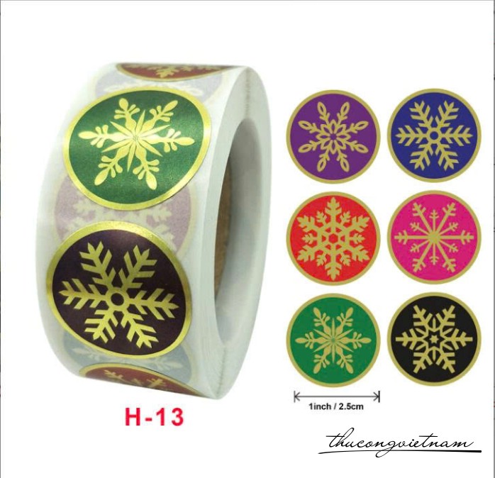 Sticker tròn Giáng Sinh nhũ ánh kim (500 tem) - Bông tuyết mix màu