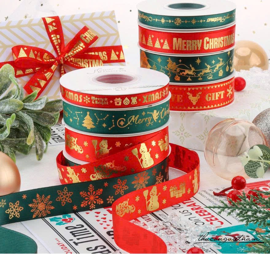 Cuộn ruy băng Giáng Sinh nhũ vàng (nhiều mẫu)