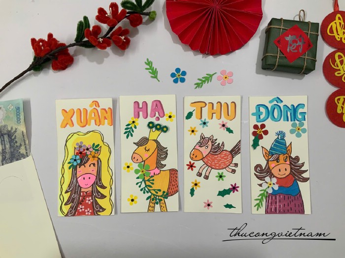 Set 4 bao lì xì vẽ tay, hoa thủ công - Ngựa Xuân Hạ Thu Đông