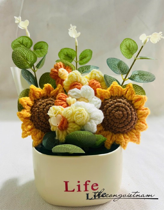Chậu hoa len hướng dương 2 bông