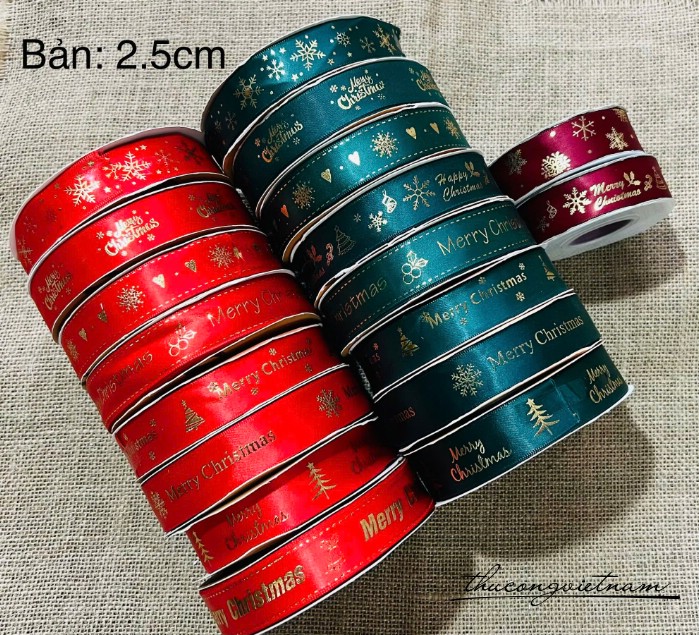 Dây ruy băng Giáng Sinh xanh, đỏ nhiều mẫu (bản 2.5cm)