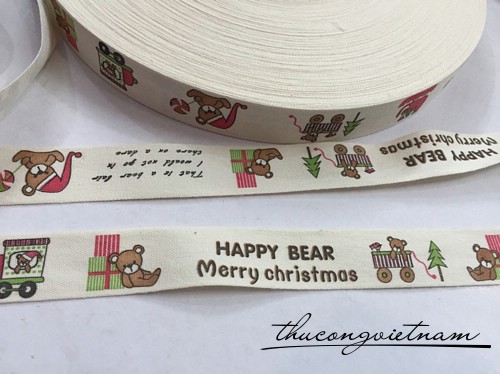 RB cotton in hình Happy bear merry christmas độc đáo 2cm