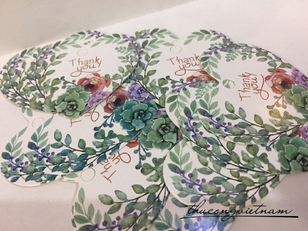 Tag trái tim Thank you họa tiết lá 5x6cm 2 cái