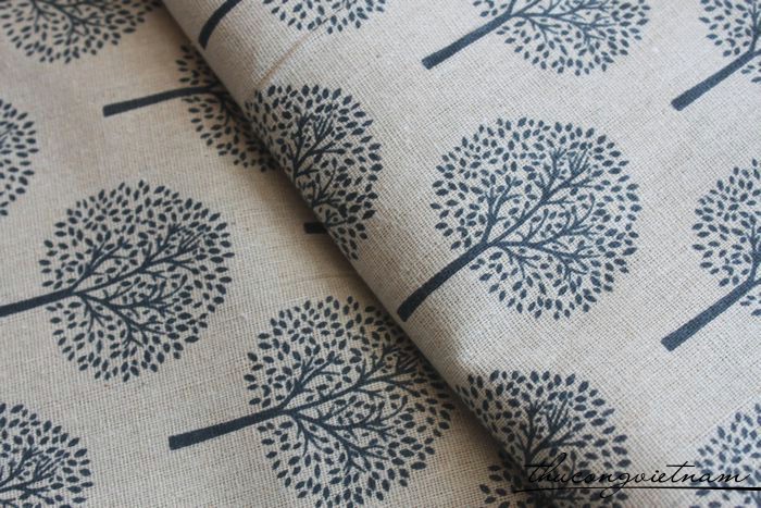 Vải vintage nền trắng họa tiết cây xanh