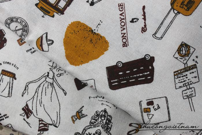 Vải vintage nền trắng họa tiết du lịch