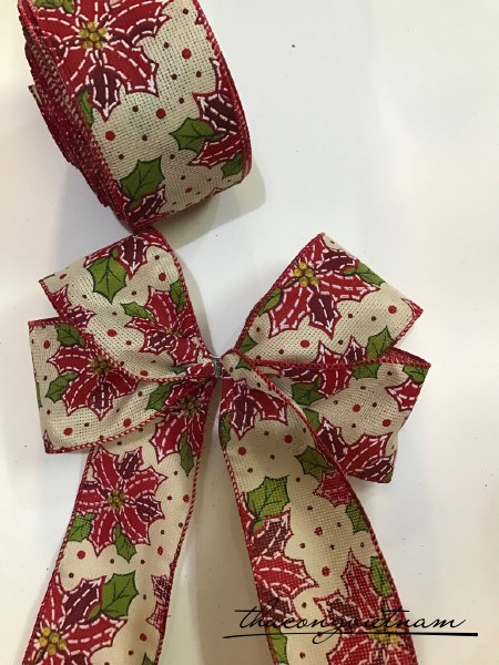 Nơ ruy băng vải bố viền đỏ - hoa Noel