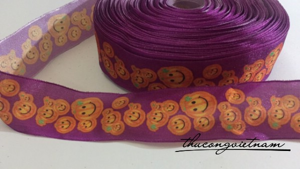 Ruy băng họa tiết tím bí đỏ Halloween 3cm