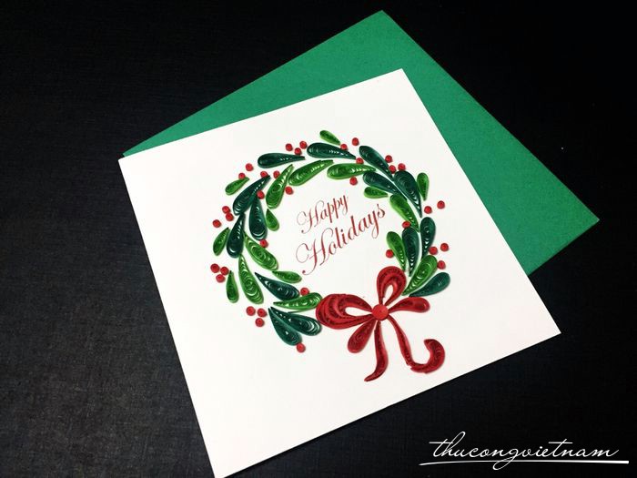 Thiệp giáng sinh quilling vòng treo nguyệt quế