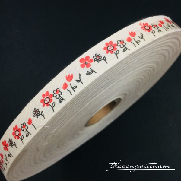 Ruy băng cotton in hình cành hoa đỏ nhí